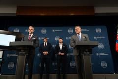 From right to left: PM Robert Fico, Government Office Chief Juraj Gedra, Smer MP Richard Glück and Smer MP Tibor Gašpar at a press conference titled "How the Čurilla group wanted to christen a book with our blood" on 8 April 2025 in Bratislava.