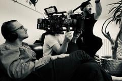 Al Pillar (left) projects a Hitchcockian intensity as he directs a scene.