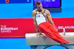 Slavomír Michňák na koni počas kvalifikácie viacboja na II. Európskych hrách v Minsku 2019.