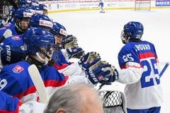 Radosť slovenských hráčov v zápase Nórsko - Slovensko 1:9 na MS hokejistov do 18 rokov.