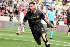 Na snímke Erik Daniel (Trnava) sa raduje po strelení gólu počas finále Slovenského pohára - Slovnaft Cupu MFK Ružomberok - FC Spartak Trnava vo štvrtok 1. mája 2025 v Dunajskej Strede.