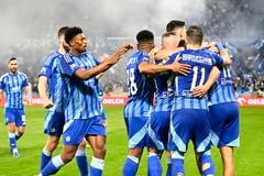 Slovan Bratislava players celebrated their fourth goal in Saturday’s Niké Liga championship group match against MŠK Žilina on 3 May 2025.