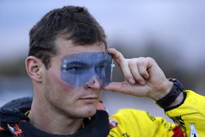 Slovakia’s Stefan Svitko, with the KTM Slovnaft Team, tests sunglass before the start of the tenth stage of the Dakar Rally between Belen and La ioja, Argentina Wednesday, Jan. 13, 2016. 
