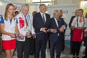 L-R White-water slalomer Jana Dukátová, Czech President Miloš Zeman, Slovak President Andrej Kiska and President of the Slovak Olympic Committee (SOV) František Chmelár open the Slovak House at Rio Olympics. 