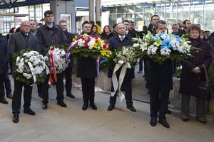 L-R: Poprad Mayor Jozef Švagerko, and Education Ministry state secretary Peter Krajňák during the memorial event of the first transport to Auschwitz - from Poprad - on March 25, 2018.