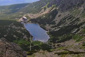 Velické Pleso lake and Sliezsky Dom in Velická valley in the High Tatras.