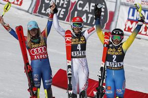 Winners of the March 18, 2017 slalom of World Cup in Aspen: L-R: US Mikaela Shiffrin (second), Petra Vlhová (first) and Swedih Frida Hansdotter.