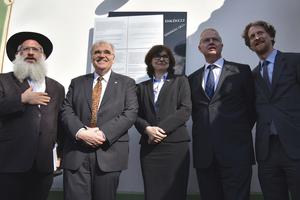 From left, Rabbi Baruch Myers, Austrian Justice Minister Wolfgang Brandstetter, Slovak Justice Minister Lucia Žitňanská, Hungarian Justice Minister László Trócsányi, and Austrian Ambassador Helfried Carl.