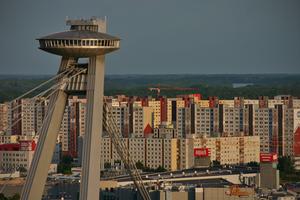 The SNP Bridge and the biggest socialist mass housing project in Central Europe - Petržalka, in the background.