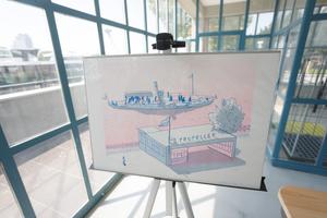 The pink-blue graphic work depicting the wharf by Tero Abaffy