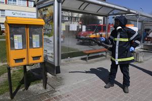 The disinfection of a public transport station in Prešov.
