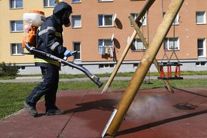 The disinfection of a children's playground in Prešov.