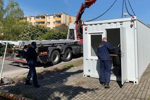 Police brought a container to serve as interrogation room near the retirement home in Pezinok.