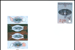 The first day cover with the new COVID-19 postal stamp.