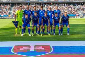 The Slovak national U21 team: Top row, from left: Ľubomír Belko, Jakub Jakubko, Sebastian Nebyla, Adam Obert, Nino Marcelli, Tomáš Rigo. Bottom row, from left: Tomáš Suslov, Leo Sauer, Dominik Hollý, Samuel Kopásek and Dominik Javorček.