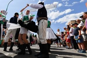 Members of the Kopa folklore ensemble from Slovakia during the procession in Myjava.
