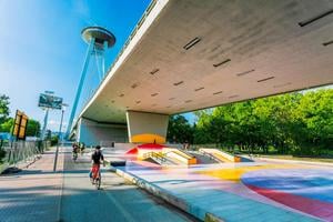 Janko Kráľ Skatepark under SNP Bridge, Studio: U/U Studio. Architecture: Jiří Kotal, Martin Hrouda, Lukáš Kalivoda, Jan Maleček, Andrea Nováková, Nikola Žuchová, Jakub Strejc