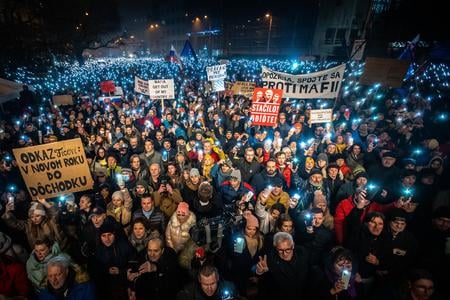 People at anti-government protests regularly call Hlas leader Peter Pellegrini 'podržtaška'. 