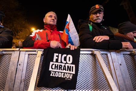 People during January 25 protests. The caption reads "Fico protects thieves".
