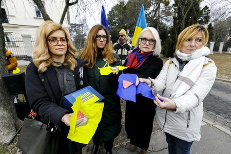 Activists Viera Dubačová, Lucia Štasselová, Andrea Cocherová and Zuzana Izsáková during a Thursday press conference after returning from the capital of Ukraine.