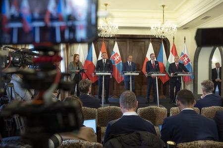 From left to right: Slovak PM Robert Fico, Polish PM Donald Tusk, Czech PM Petr Fiala, and Hungarian PM Viktor Orbán during a press conference in Prague on February 27, 2024.