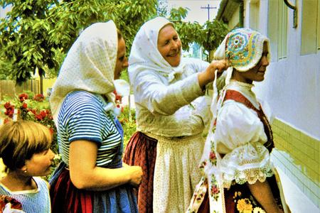 Helene Cincebeaux dressed as a bride in her ancestral village of Ratíškovice, in Moravia.