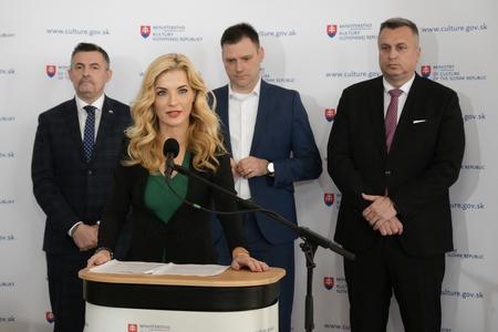 Culture Minister Martina Šimkovičová at a press conference at the Culture Ministry on March 14, 2024.