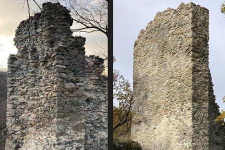 The castle walls, hidden among the forested hills of the Small Carpathians.