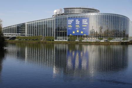 A canvas promoting the European elections is seen on the European Parliament building on April 11, 2024 in Strasbourg, eastern France. 