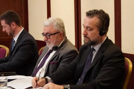 From left to right: MEP Milan Uhrík, Ashot Grigorian and Smer politician Ľuboš Blaha during a "peace symposium" in Bratislava on June 20, 2024.