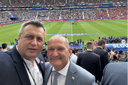 SNS leader and Deputy Speaker of Parliament Andrej Danko with state secretary at the Sports Ministry Jan Krisanda at Slovakia's first match.  