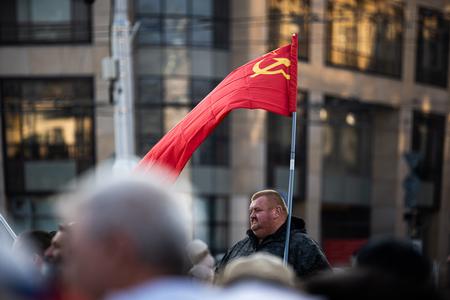 Supporters of two groups with differing opinions on the military conflict in Ukraine met in Bratislava on March 3, 2023.