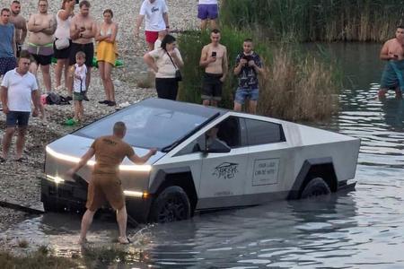 A Tesla Cybertruck stuck in a Slovak lake on June 30, 2024.