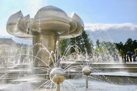 The fountain on Námestie slobody (Freedom Square) in Bratislava.