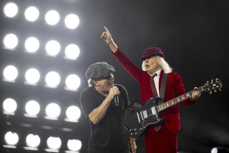 British singer Brian Johnson, left, and guitarist Angus Young, right, of hard rock band AC/DC.