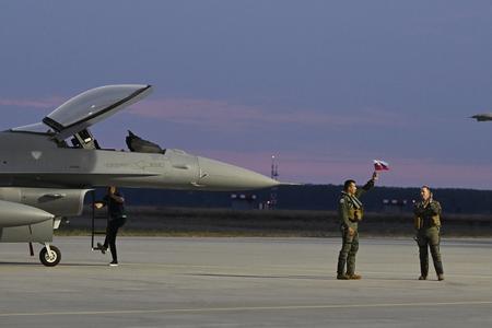 Two Slovak F-16 fighter jets of American manufacture land during a ceremonial event at the Malacky-Kuchyňa Air Base on July 22, 2024.