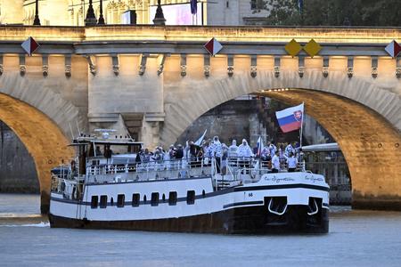 Slovak athletes sail down the Seine River during the opening ceremony of the XXXIII Summer Olympic Games in Paris on July 26, 2024.