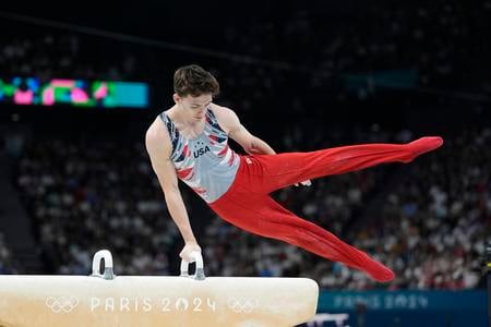 Stephen Nedoroscik, of United States, performs on the pommel during the men's artistic gymnastics team finals round at Bercy Arena at the 2024 Summer Olympics, Monday, July 29, 2024, in Paris, France.