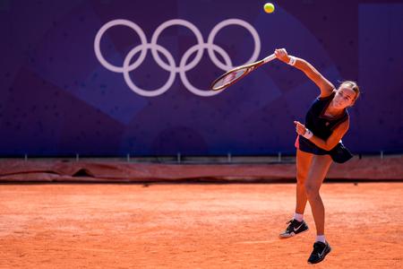 Anna Karolína Schmiedlová of Slovakia returns the ball during her victory over former Wimbledon champion Barbora Krejčíková of the Czech Republic during the women's single tennis competition at the 2024 Summer Olympics in Paris, France.