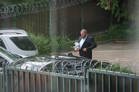 The Brat za Brata bike group founder Matúš Alexa at the Russian embassy in Bratislava.