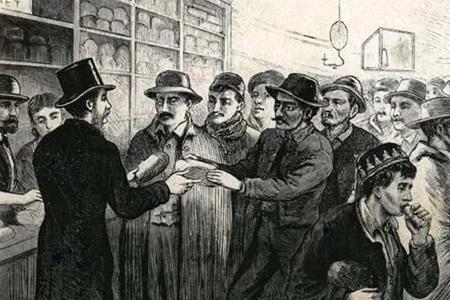 A charitable organisation distributes food to Italian immigrants at the Castle Garden immigration centre in New York City in 1872. The immigrants were jobless after having been cheated by a dishonest employment broker.