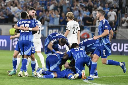 The joy of Slovan players after scoring their second goal in the Champions League play-off second leg between ŠK Slovan Bratislava and FC Midtjylland on August 28, 2024, in Bratislava.
