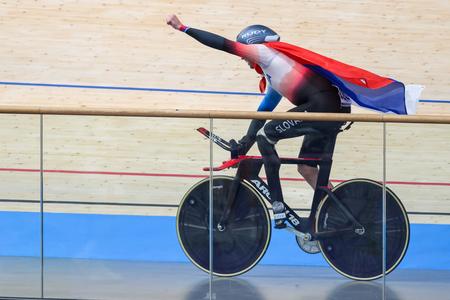 Slovak para-cyclist Jozef Metelka celebrates winning the gold medal in the C4 category 4000m track pursuit final at the XVII Paralympic Games in Paris on August 31, 2024.