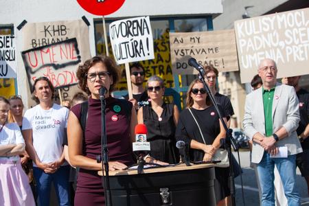 The initiative Otvorená kultúra! and representatives of the cultural community hold a press conference in front of the Propeller building in Bratislava, where they introduced a nationwide coordinated action of the cultural sector called the "Cultural Strike!" on September 5, 2024.