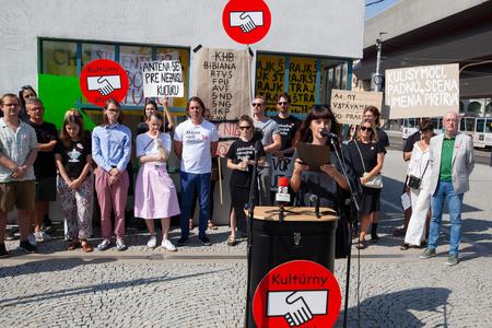 The initiative Otvorená kultúra! and representatives of the cultural community hold a press conference in front of the Propeller building in Bratislava, where they introduced a nationwide coordinated action of the cultural sector called the "Cultural Strike!" on September 5, 2024.