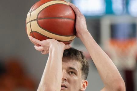 Timotej Malovec in action during a friendly basketball game between Slovakia and Portugal on July 4, 2024, in Bratislava.