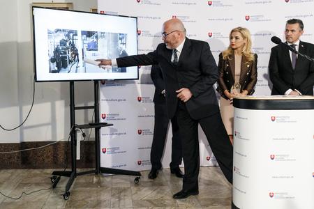 In the photo, from left: the interim head of the Slovak National Gallery Anton Bittner, Culture Minister Martina Šimkovičová, and the minister’s chief of staff Lukáš Machala, during a press conference on the current situation concerning the Slovak National Gallery in Bratislava on September 17, 2024.