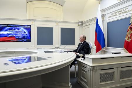 Russian President Vladimir Putin takes part in the beginning of the active phase of the large scale naval exercise as the Ocean-2024 drills via videoconference from the control centre in the Kremlin in Moscow, Russia, on September 10, 2024.