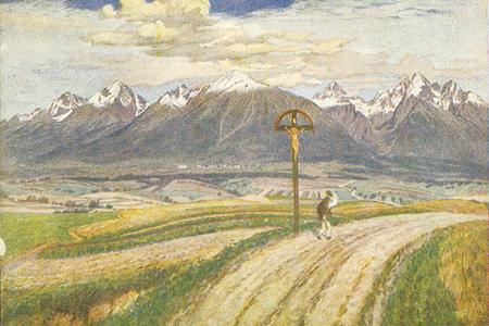 A romantic panorama of the High Tatras, a mountain range shared by Slovakia and Poland and considered one of Slovakia’s national symbols, with a cross in the foreground.