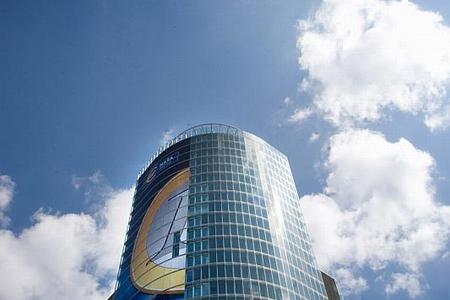 The central bank, decorated with a € coin.